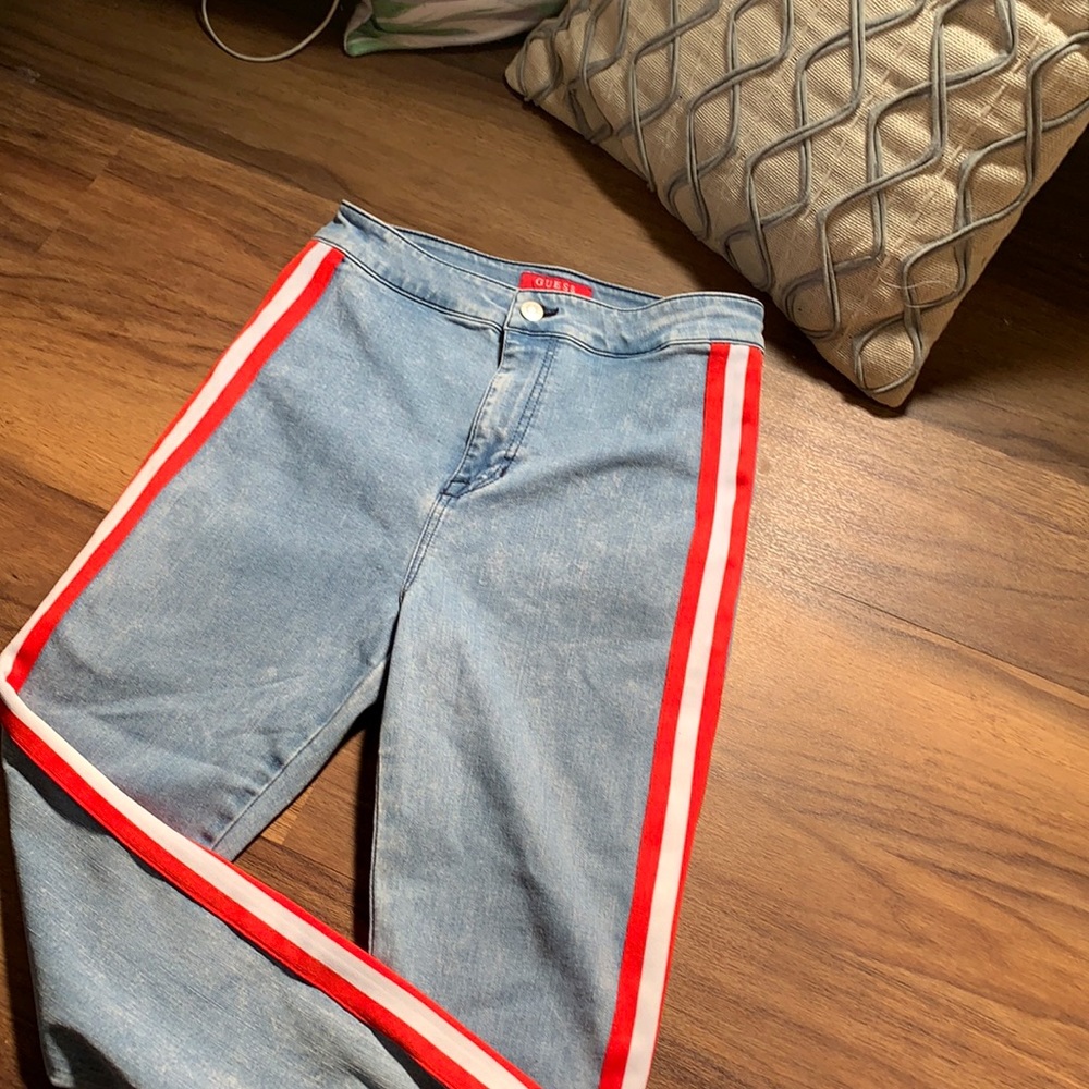 Guess High-Rise Women's Jeans with Red and White Side Stripes